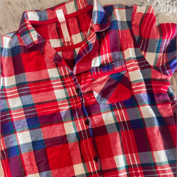 XS XHILARATION FLANNEL BUTTON DOWN RED WHITE BLUE LONG SLEEVE SHIRT TOP JACKET - Picture 4 of 8